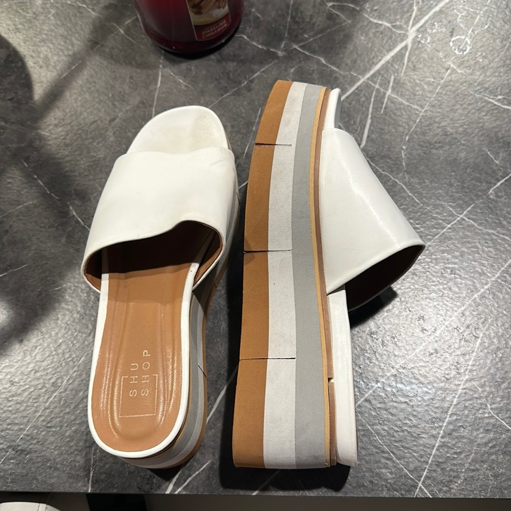 platform white sandals, shu shop. size 9